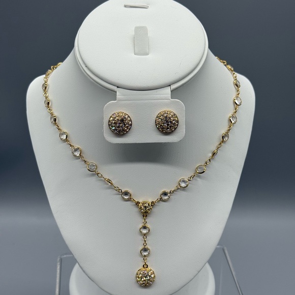 Elegant Gold and Clear Crystals Y Necklace and Earrings By Swarovski and S.A.L. - Picture 3 of 9